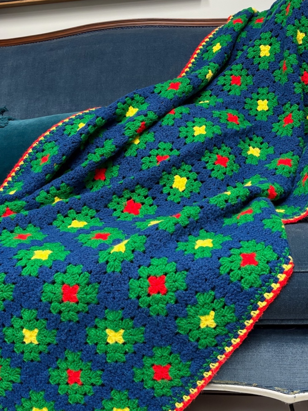 Vintage Granny Square Crochet Blanket Blue Green Multicolor Throw Blue Green Red